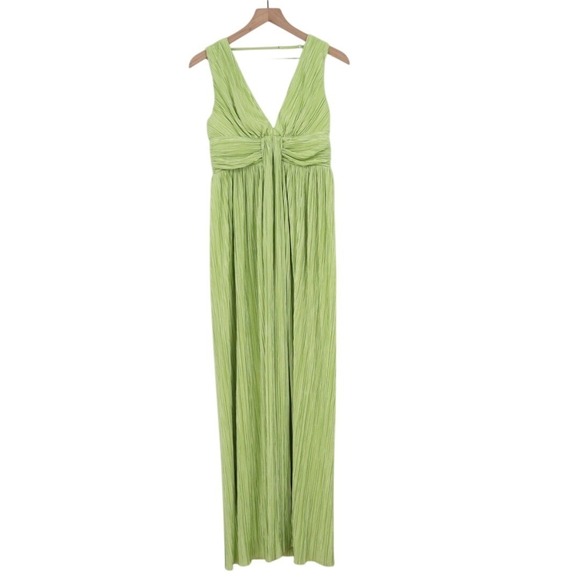 Lulus Melitta Maxi Dress Womens Medium Lime Green Plisse Pleated Sash Sleeveless - Picture 2 of 6